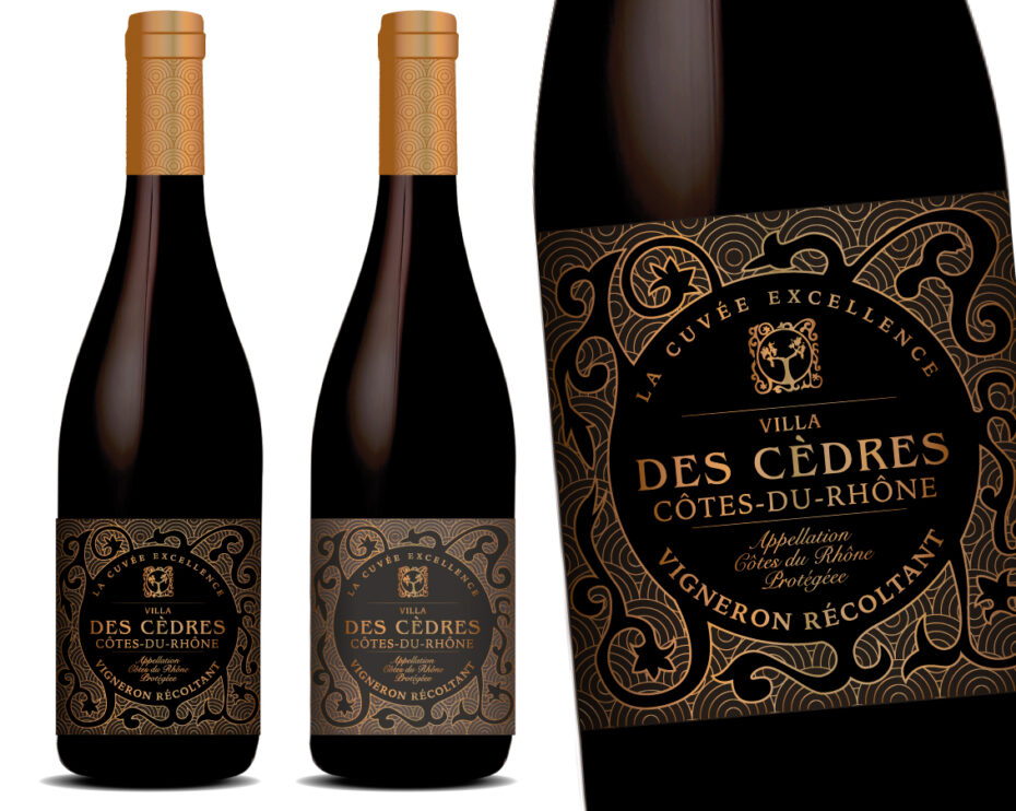 étiquette de vin VILLA DES CEDRES. Vin rouge en AOP des Côtes du Rhône